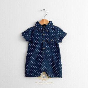 NWT Cute Boys Oxford Short Sleeve One-Piece Romper Shorts Navy Blue & White 18M